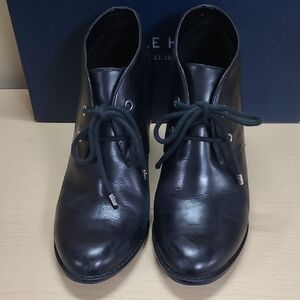 Cole Haan Linea Bootie.Il Lace-up 3.25" Wedge Heel Black Leather Size 8.5